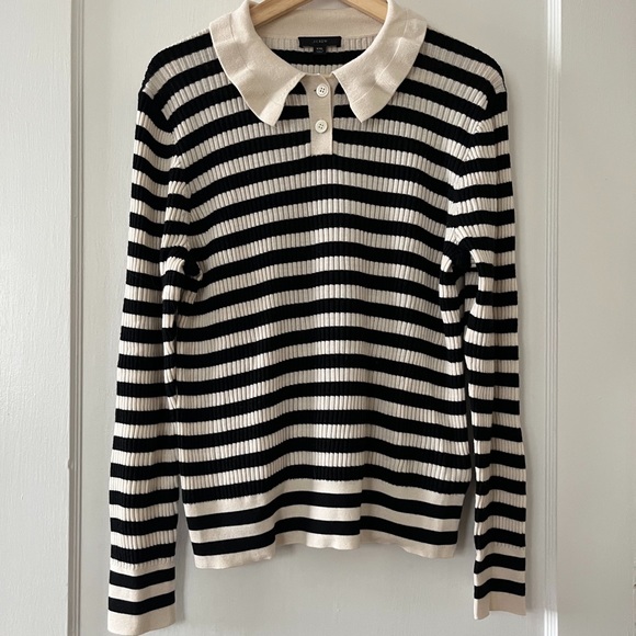 J. Crew Sweaters - Striped Ruffle Collar Merino Wool Polo Sweater